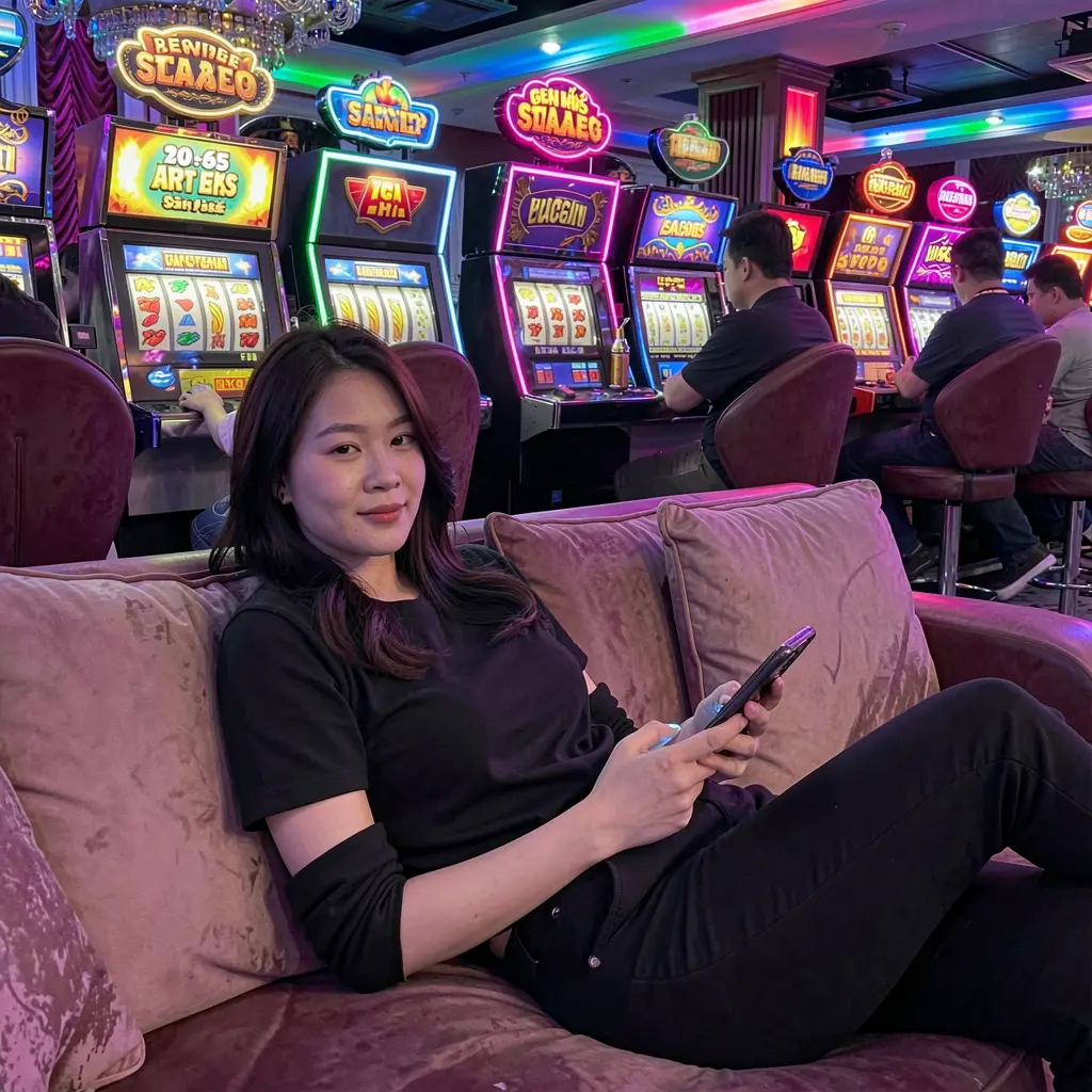 VN69 App – A seamless and immersive mobile casino experience for players in Vietnam Stylish Vietnamese woman relaxing on a sofa while using the VN69 casino app with glowing slot machines and neon lights behind her