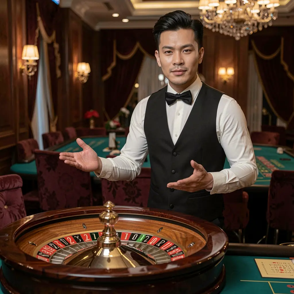 VN69 – Discover premium live casino entertainment for players in Vietnam Professional live casino dealer standing by a roulette wheel in a luxury studio representing the high quality live casino experience available at VN69 for players in Vietnam