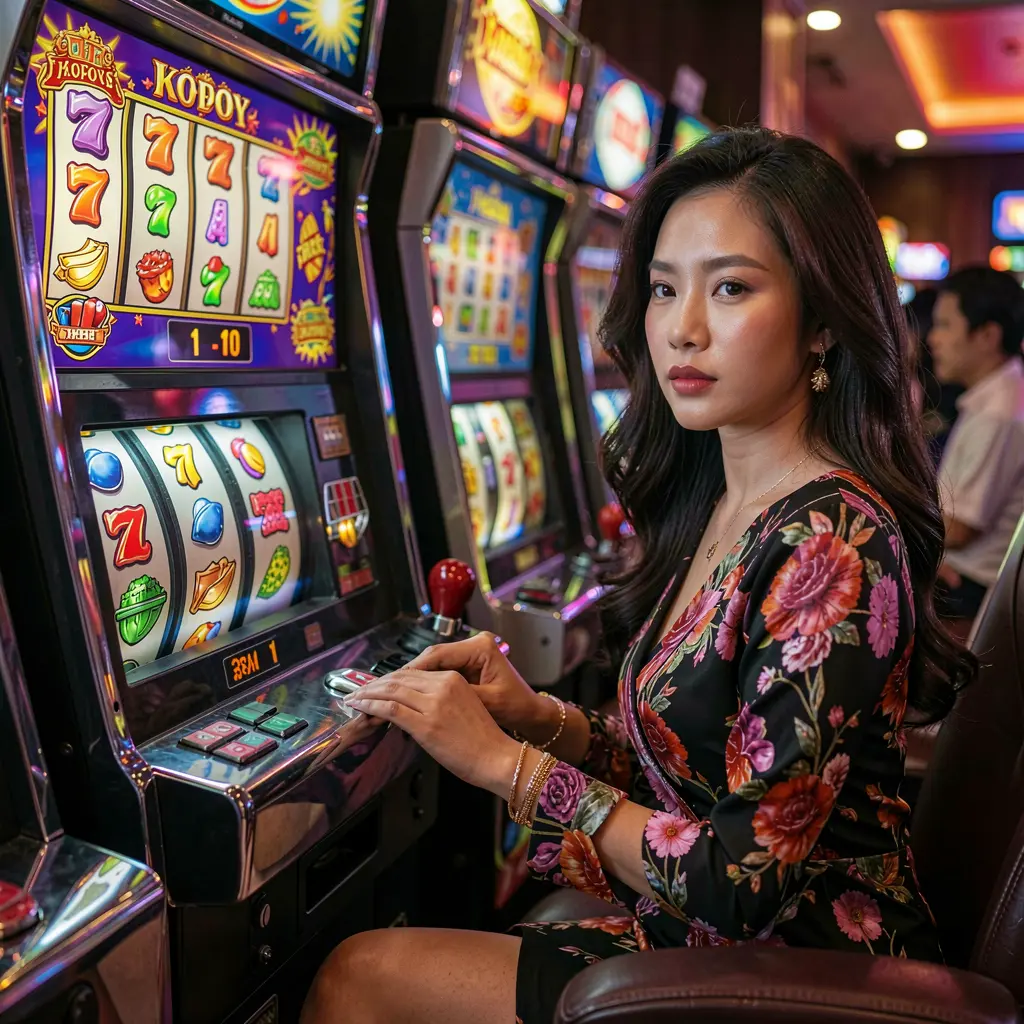 VN69 – Enjoy smooth and engaging slot gameplay designed for Vietnamese players A stylish woman in traditional Vietnamese attire playing a glowing slot machine in a modern casino environment at VN69 with vibrant colors and immersive gameplay